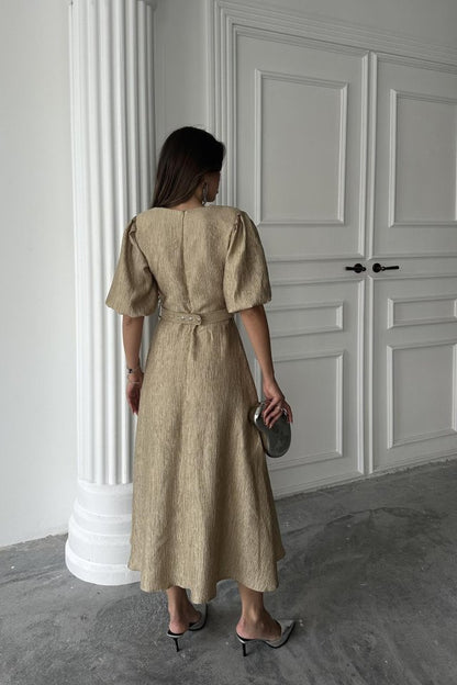 Gold Işıltılı Kemerli Kruvaze Elbise