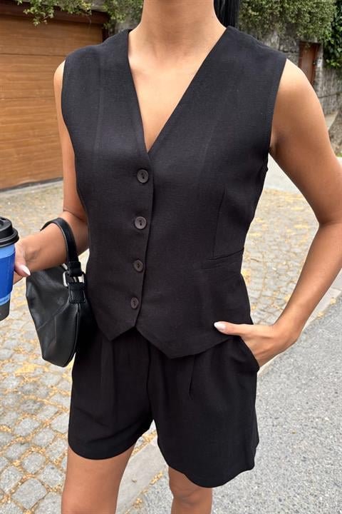 Yelek Şort Flamlı Keten Takım 10133-17