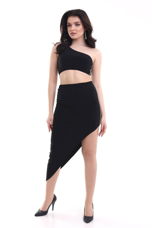 Kadın Tek Omuzlu Asimetrik Etek Şerit Detaylı Fırsat Ürün Sandy Kumaş İkili Takım