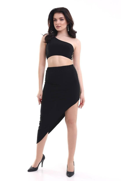 Kadın Tek Omuzlu Asimetrik Etek Şerit Detaylı Fırsat Ürün Sandy Kumaş İkili Takım