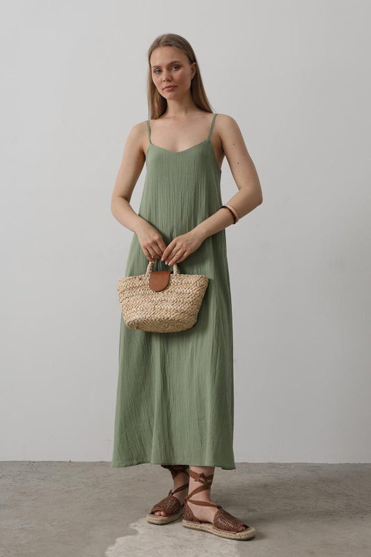 Askılı Uzun Çan Elbise - Haki