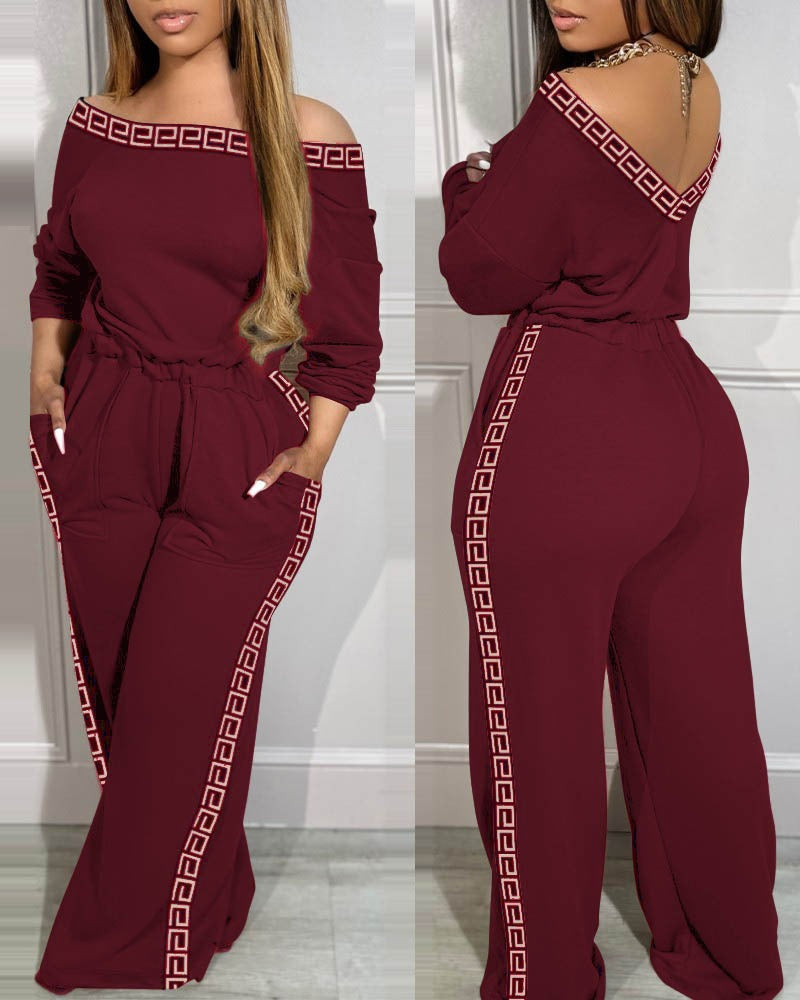 Kadın Uzun Kollu Omuzlardan Açık Beli Lastikli Cepli şerit Desenli Viskon Iki Iplik Tulum