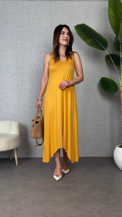 Kadın çan Dokuma Kumaş V Yaka Asimetrik Kesim Elbise