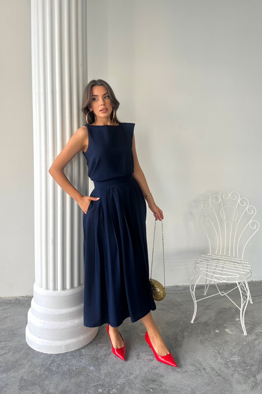 KETEN KOLSUZ BLUZ - MAXİ ETEK TAKIM - Lacivert