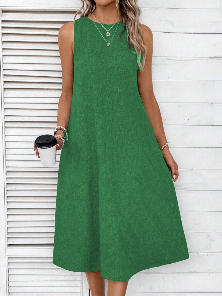 Kadın Kolsuz Bisiklet Yaka Cepli Midi Keten Elbise