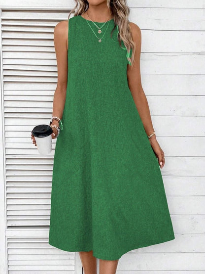 Kadın Kolsuz Bisiklet Yaka Cepli Midi Keten Elbise