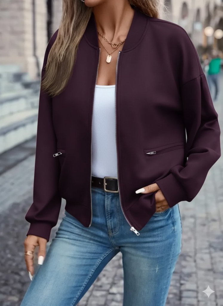 Kadın Uzun Kollu önden Fermuarlı Cepli Modal Mürdüm Ceket