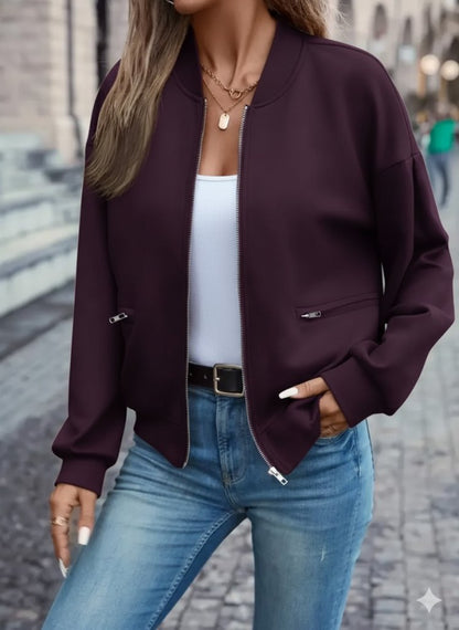 Kadın Uzun Kollu önden Fermuarlı Cepli Modal Mürdüm Ceket