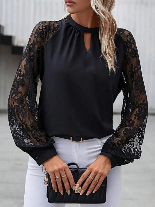 Kadın Uzun Dantel Kollu Yuvarlak Yakalı Sandy Bluz