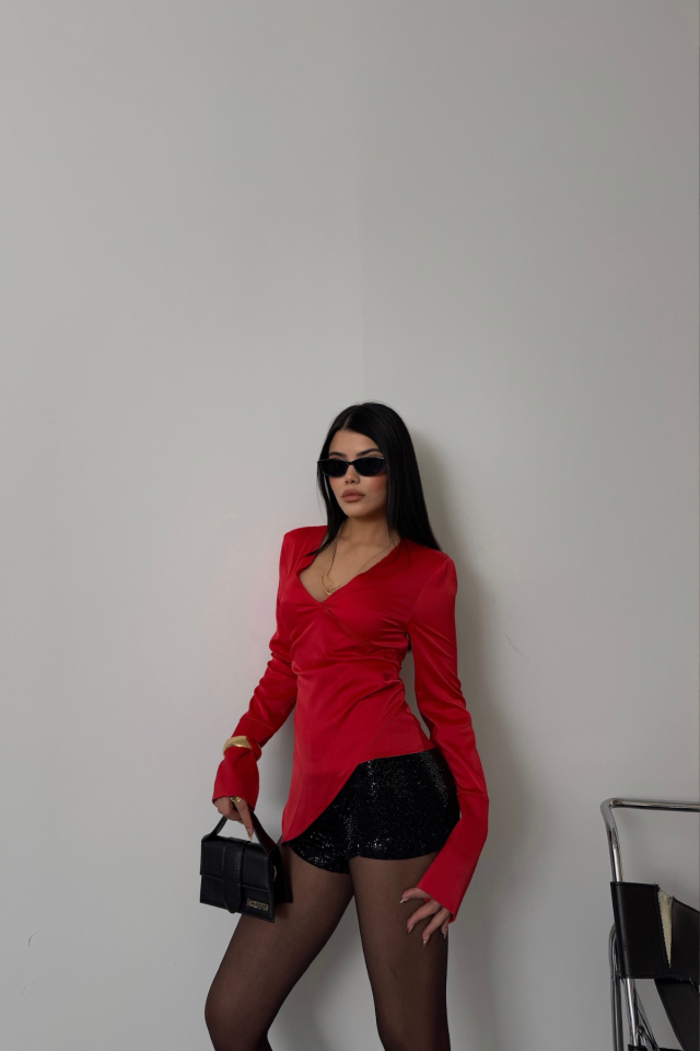 SATEN ANVELOP BLUZ MANŞET KOL - Kırmızı