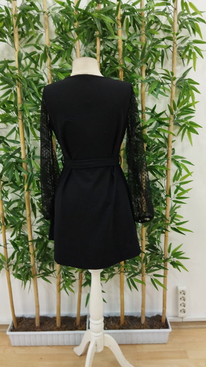 Kadın Uzun Kollu Yakadan Bağcıklı Belden Kuşaklı Ithal Krep Elbise