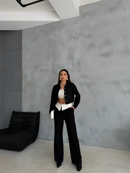 KETEN GÖMLEK-CROP-SALAŞ PANTOLON TAKIM - Siyah