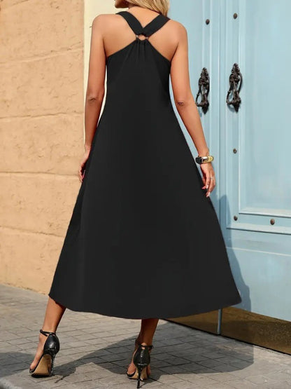 Kadın Askılı V Yakalı Halka Detaylı Maksi Boy Viskon Elbise
