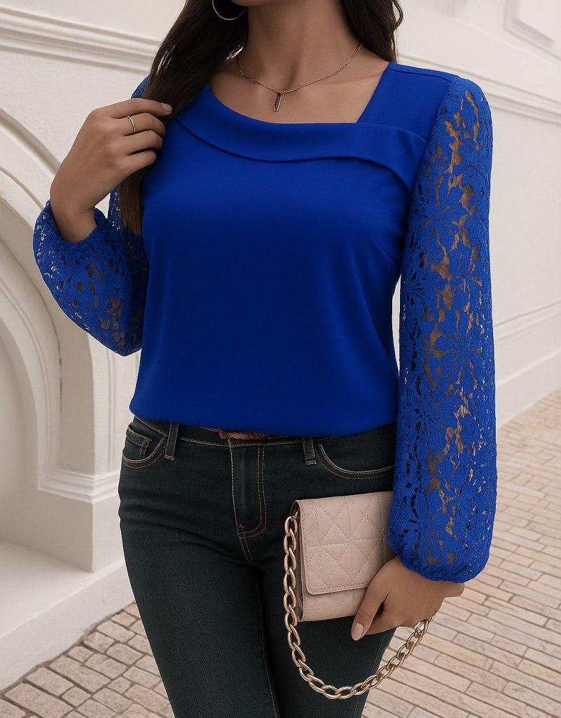 Kadın Uzun Kollu Asimetrik Yakalı Dantelli Ithal Krep Bluz