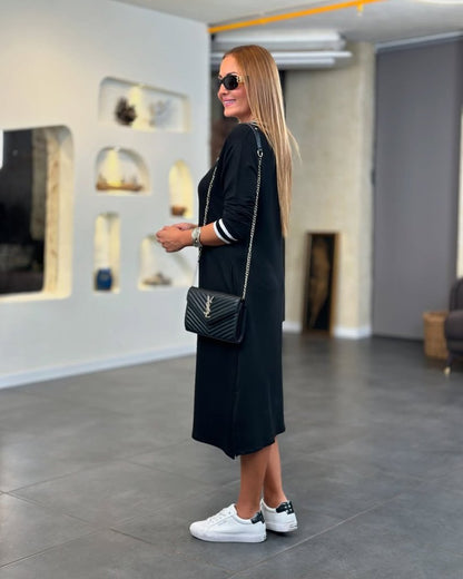 Kadın Uzun Kollu V Ribana Yakalı Yanlardan Yırtmaçlı Midi Viskon Iki Iplik Elbise