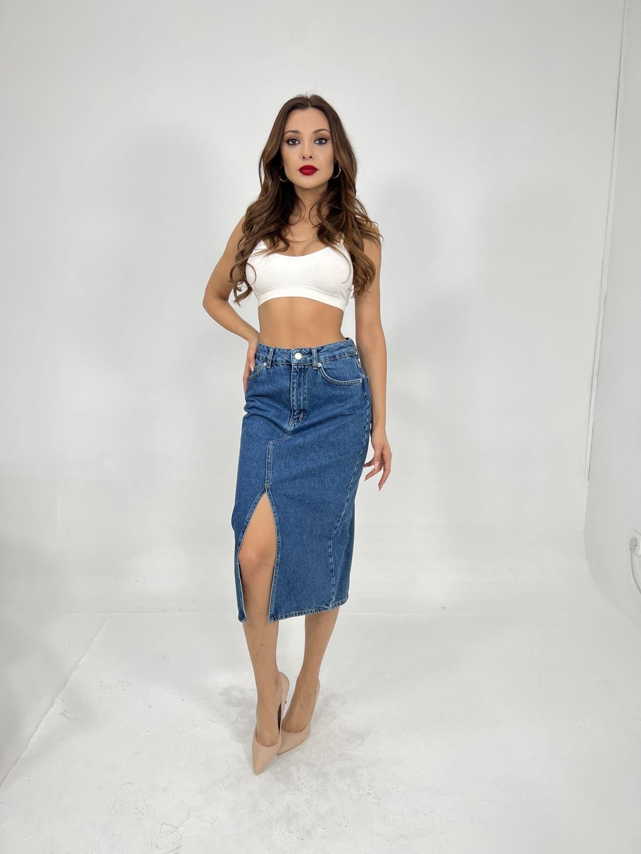 6478 DENİM MIDI SLIT SKIRT-MAVİ