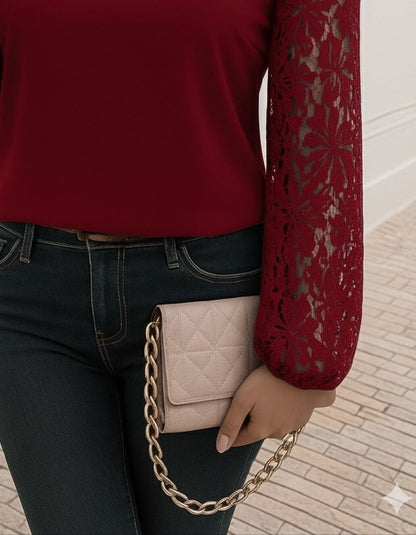 Kadın Uzun Kollu Asimetrik Yakalı Dantelli Ithal Krep Bluz