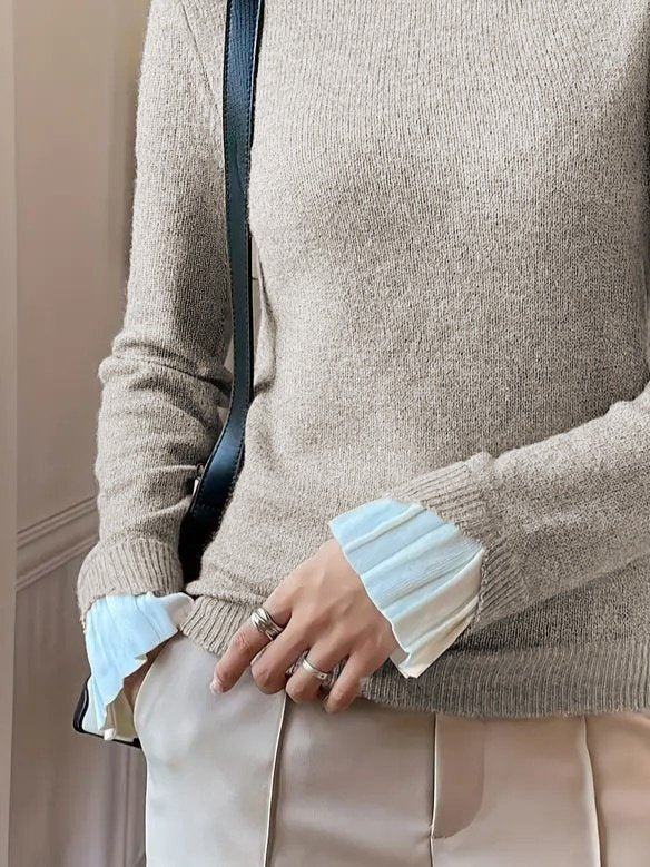 Kadın Uzun Kollu Fırfırlı Yakalı Triko Krem Bluz