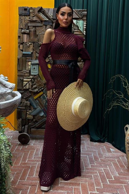 Saten Kuşaklı Ajurlu Triko Elbise 2847