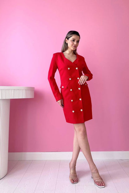 Kırmızı Gold Düğmeli Ceket Elbise