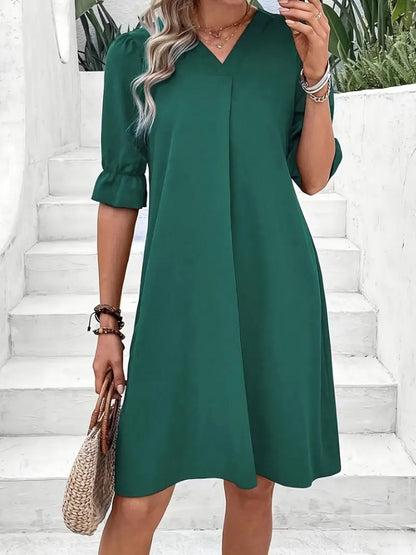 Kadın Kısa Kollu V Yakalı Salaş Janjan Krep Elbise