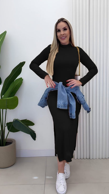 Kadın Uzun Kollu Balıkçı Yakalı Yanlardan Yırtmaçlı Kaşkorse Maxi Elbise