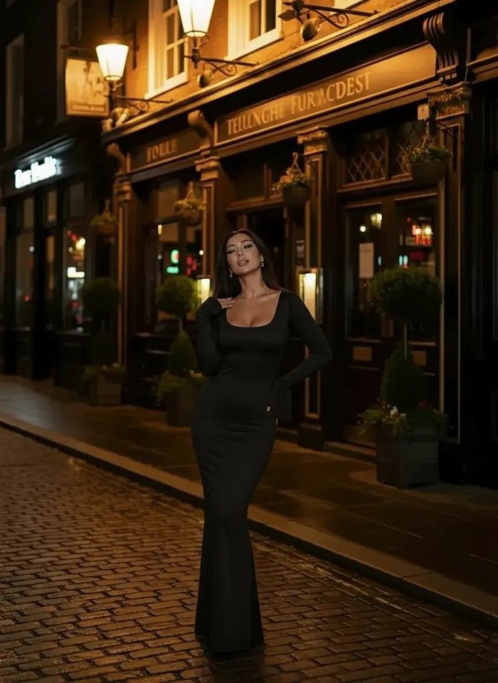 Kadın Uzun Kollu Kare Yaka Volanlı Manşet Detay Maxi Boy Elbise