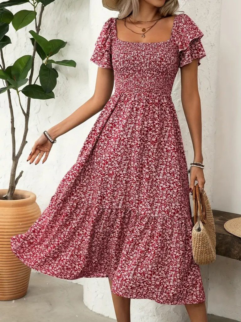 Kadın Kısa Kollu Gipe Detaylı Desenli Midi Süprem Elbise