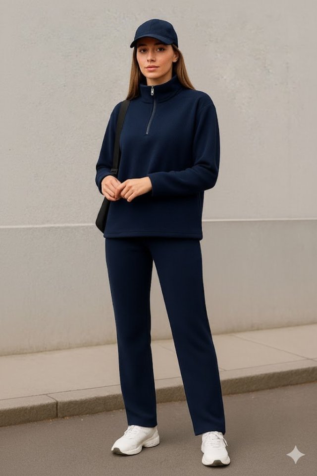 Kadın Balıkçı Yaka Fermuar Detay Polar Sweat Ve Pantolon Ikili Takım