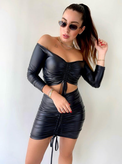 Kadın Büzgülü Deri Etek Takım Fırsat Ürün