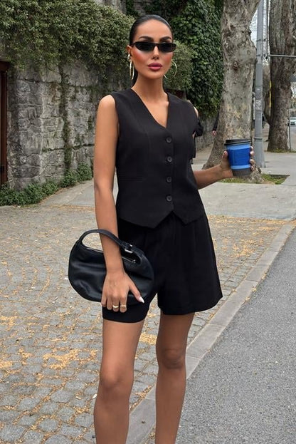 Yelek Şort Flamlı Keten Takım 10133-17