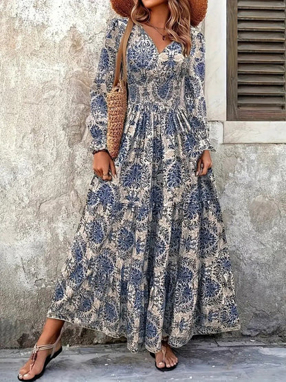 Kadın Uzun Kollu V Yakalı Desenli Süprem Elbise