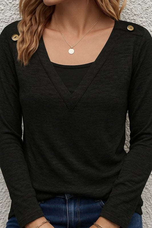 Kadın Uzun Kollu V Yaka Düğme Detaylı Yumoş Bluz