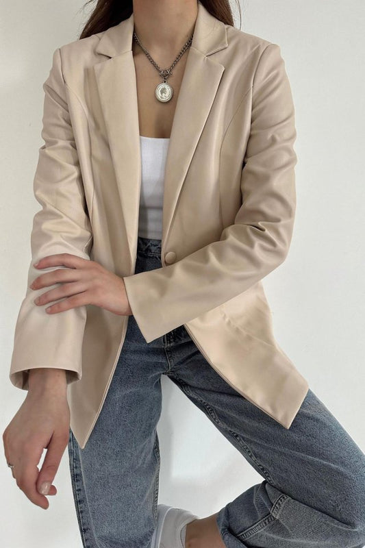 Bej Düğmeli Deri Ceket