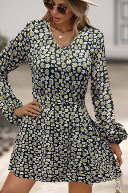 Kadın Uzun Kollu V Yaka çiçek Desenli Helen Kumaş Elbise