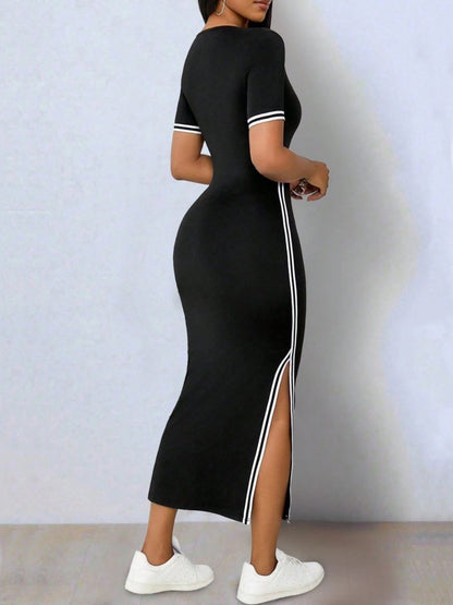 Kadın Kısa Kollu V Yakalı Yandan Yırtmaçlı Viskon Iki Iplik Elbise