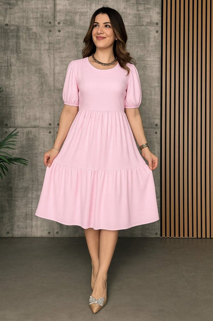 Kadın Kısa Kollu Yakası Açık Katlı Bürümcük Balon Elbise