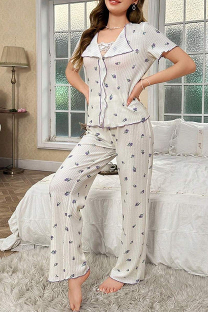 Beyaz Mor Lale Desenli Romantik Pijama Takımı 7335