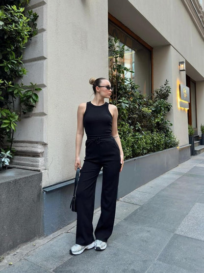 Kadın Kaşkorse Kumaş Atlet Ve Yüksek Bel Bol Paça Pantolon Ikili Takım