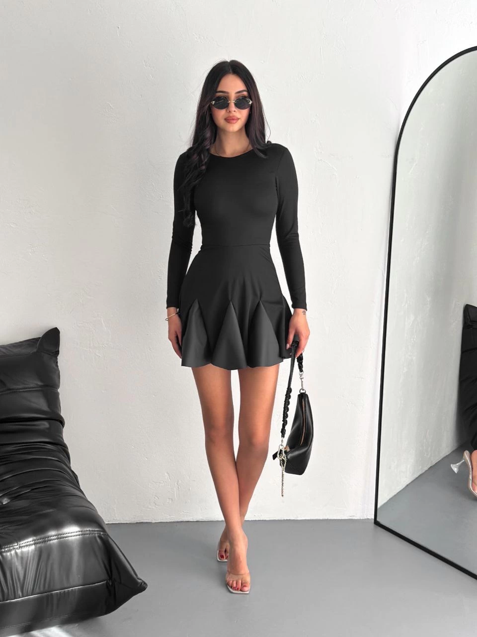 Eteği kloş crep mini elbise s1267