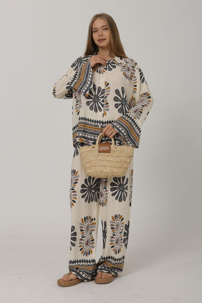 Desenli Kolları Volanlı Pantolon Takım - Antrasit