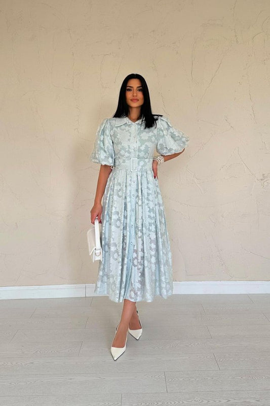 Mint Kemerli Balon Kollu Elbise