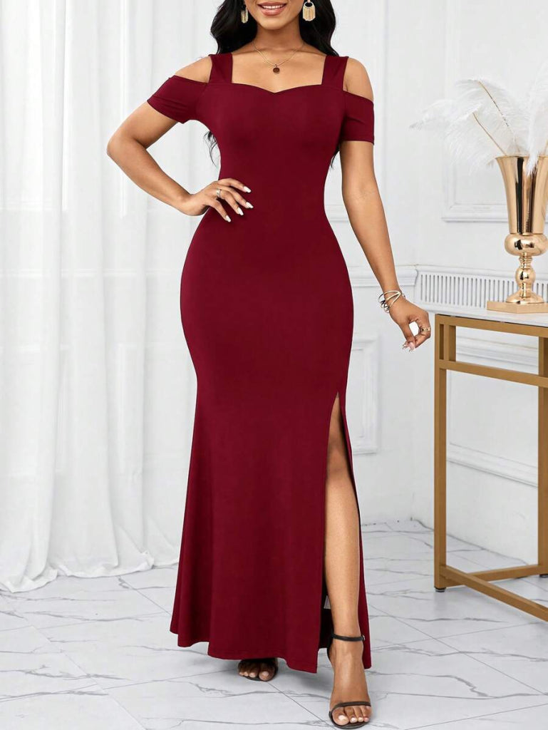 Kadın Omuzlardan Açık Askılı Yırtmaç Detaylı Uzun Ithal Krep Elbise