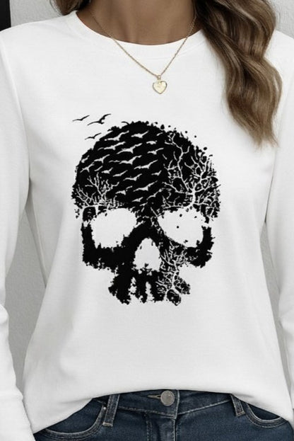 Kadın Uzun Kollu Bisiklet Yaka Kurukafa Desenli Viskon Bluz