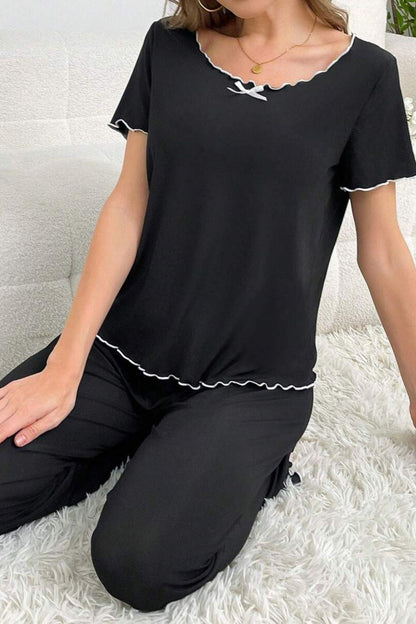 Siyah Bisiklet Yaka Pamuklu Yazlık Pijama Takımı 7343