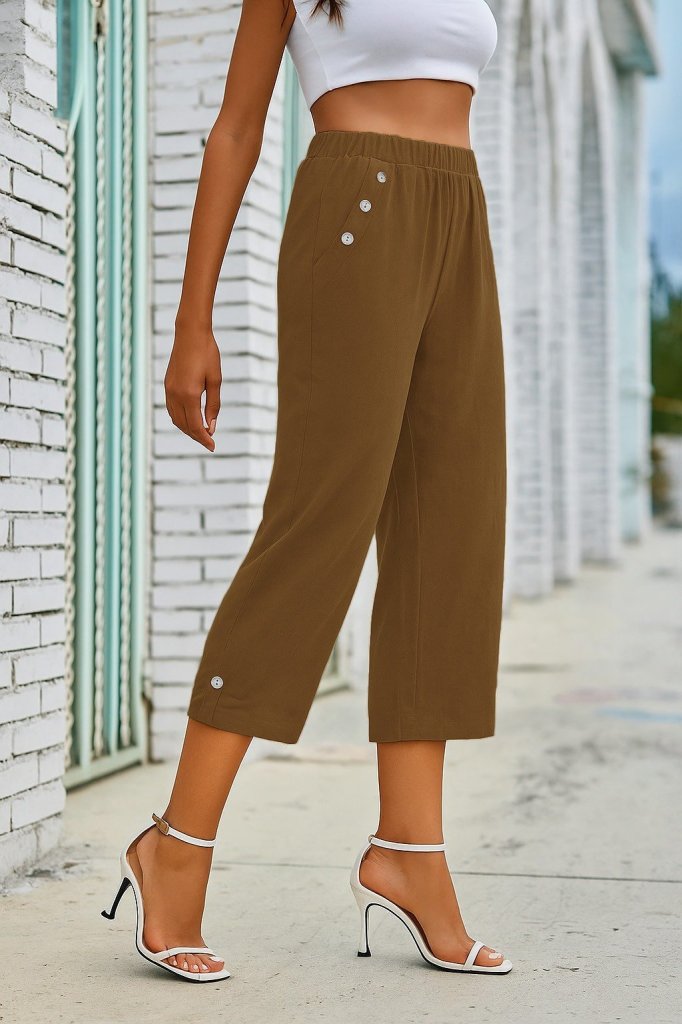 Kadın Beli Lastikli Düğme Ve Cep Detaylı Kapri Ithal Keten Pantolon