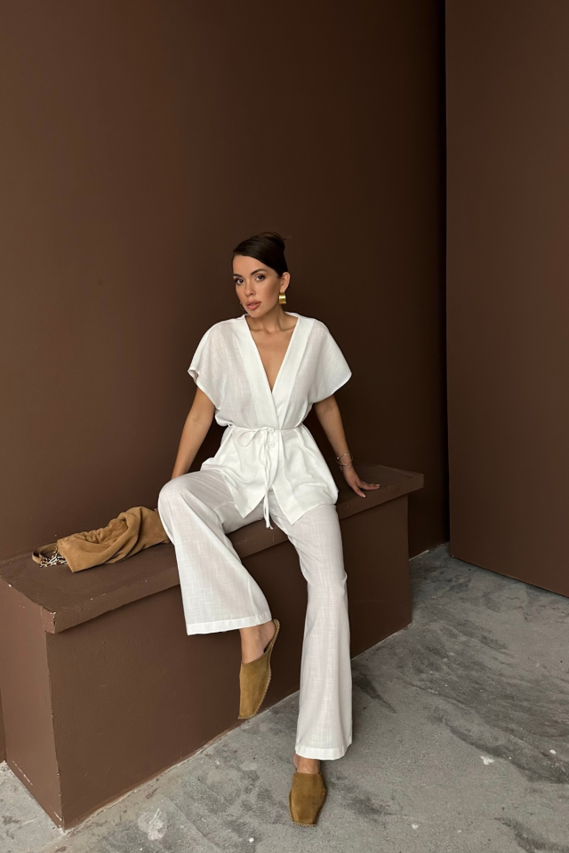 KETEN V YAKA BELDEN BAĞLAMALI BLUZ-PANTOLON TAKIM - Beyaz