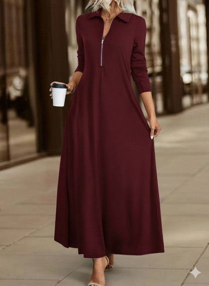 Kadın Uzun Kollu Yakalı önden Fermuarlı Uzun Viskon Iki Iplik Elbise