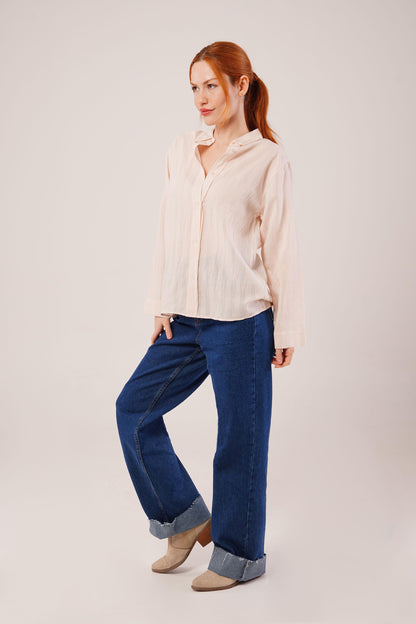 Düğmeli Ve Çizgi Detaylı Krem Gömlek