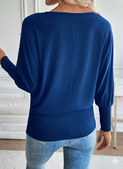 Kadın Uzun Kollu Yuvarlak Yaka Incili Viskon Bluz